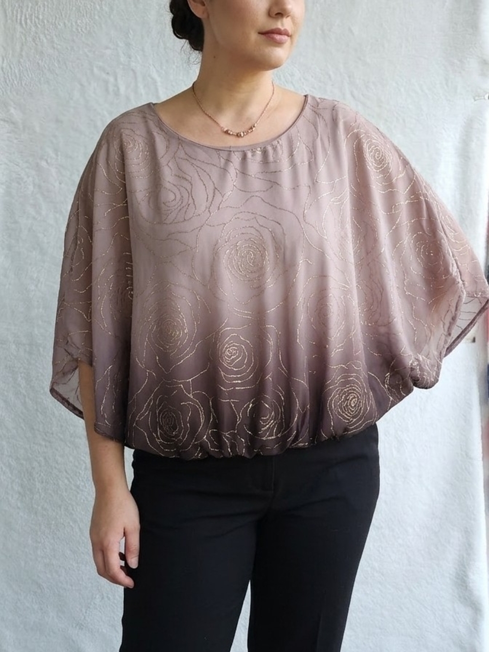 Sara Michelle Taupe Ombre Rose-Print Chiffon Blouse with Gold Accents.  (WS 56)